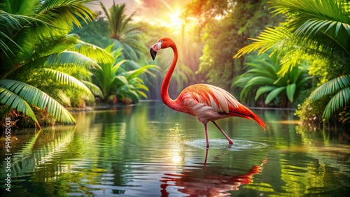 5. A beautiful carmine pink flamingo wading in a serene lake, surrounded by lush tropical vegetation, on a sunny summer morning, a realistic photo image. photo