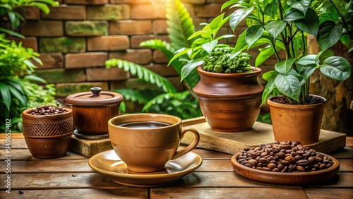 3. Earthy, organic coffee brown terracotta pots with lush greenery, surrounded by natural stone tiles, and a subtle wooden bench, a realistic photo image. photo