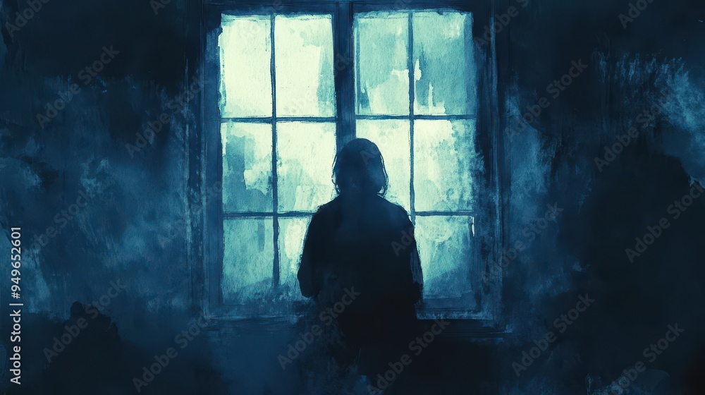 A figure sits in contemplation by window, surrounded by moody blue atmosphere. scene evokes sense of introspection and solitude. A figure sits in contemplation by window, surrounded by moody blue atmosphere. scene evokes sense of introspection and solitude.