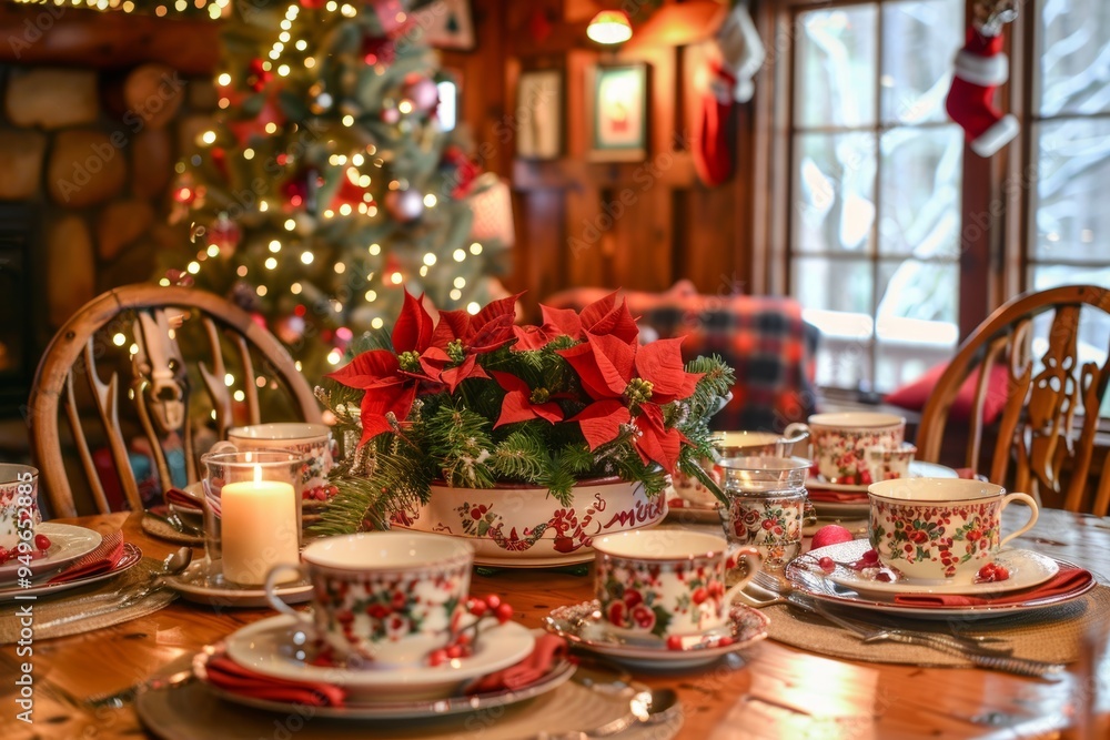 Elegant Christmas Breakfast Table with Poinsettias, Candles, and Festive Decorations Elegant Christmas Breakfast Table with Poinsettias, Candles, and Festive Decorations