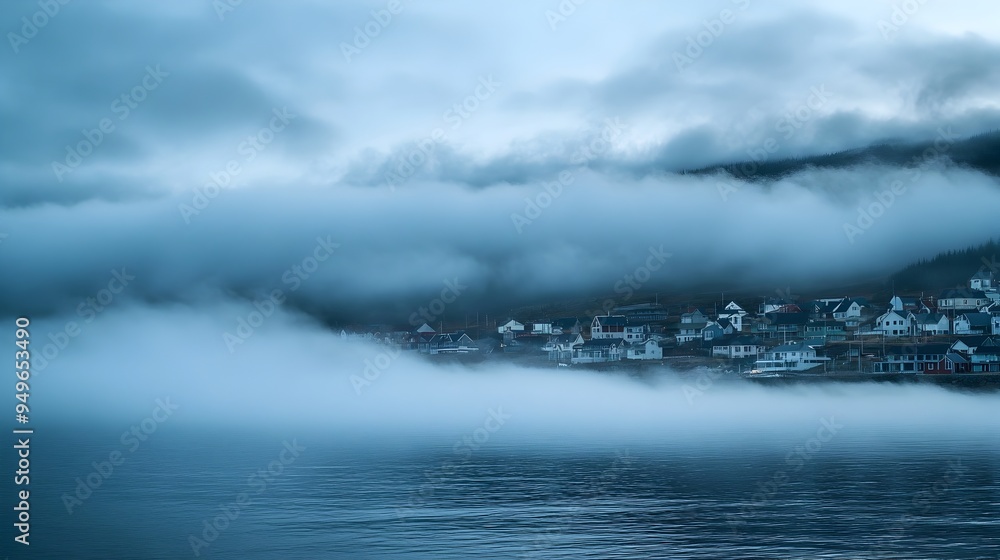 Obraz premium Fog Shrouded Coastal Town Awakening at Dawn