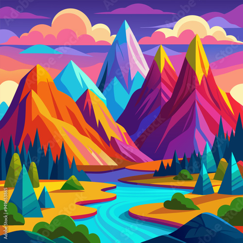 A vector painting of a colorful mountains