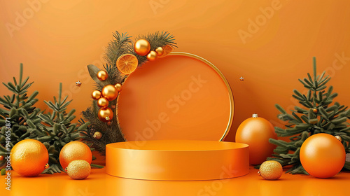Wallpaper Mural Empty podium for displaying product with Christmas and new year decoration in orange color. Christmas and new year themed with trees and orange ball. Elegant and simple podium. Torontodigital.ca