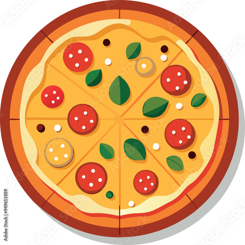 Delicious pepperoni pizza with fresh basil, perfect for menu designs or food blogs.