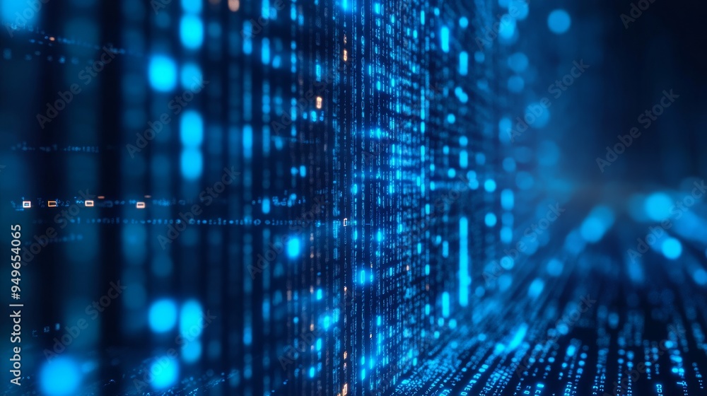 Obraz premium Blue digital binary data on computer screen background