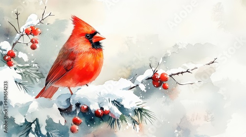 A vibrant red cardinal perched on snowy branch, surrounded by bright red berries, evokes serene winter scene.