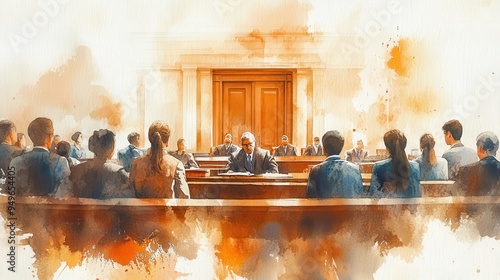 A courtroom scene with judge presiding over trial, surrounded by attentive jurors and lawyers, captures essence of justice and legal proceedings.