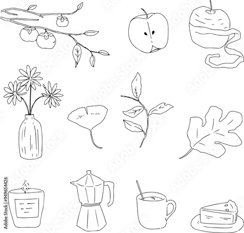 秋の小物たちの線画イラスト