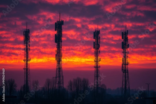 Four Tall Silhouetted Communication Towers Against a Vibrant Red Sunset Sky