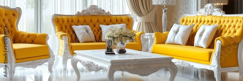 A luxurious living room set featuring two yellow and white armchairs and a matching sofa with white cushions. The furniture exudes elegance and sophistication, perfect for creating a stylish and comfo photo