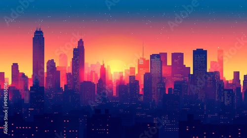 Vibrant vector illustration of a city skyline at dusk with skyscrapers and streetlights gradually lighting up