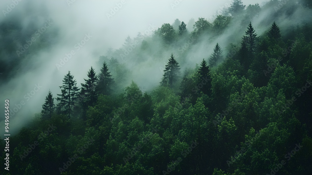 Misty Morning Forest Landscape with Shrouded Pine Trees and Ethereal Atmosphere Misty Morning Forest Landscape with Shrouded Pine Trees and Ethereal Atmosphere