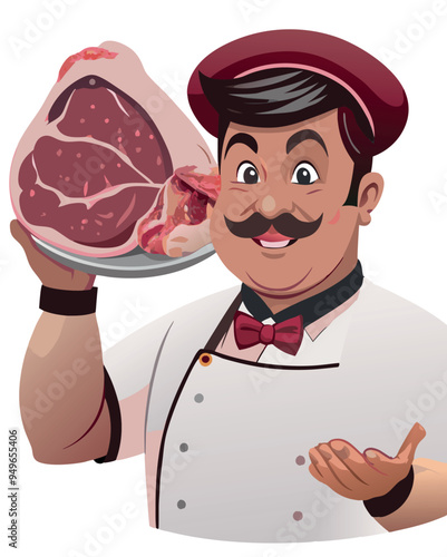 Proud butcher holding big piece of meat cartoon character-