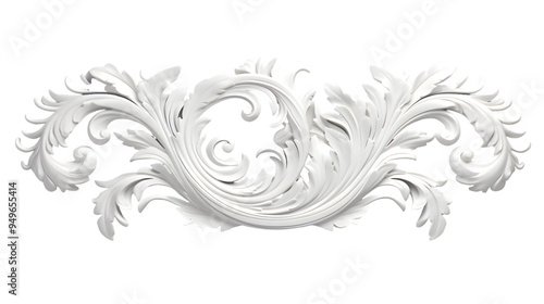 3D illustration of white decorative relief beautiful detailed ornament with acanthus leaves decoration in baroque style isolated on transparent background