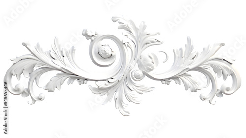 3D illustration of white decorative relief beautiful detailed ornament with acanthus leaves decoration in baroque style isolated on transparent background