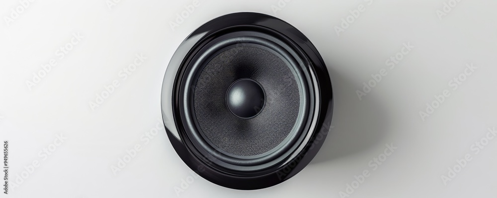 Direct front close-up view of a modern black speaker. Direct front close-up view of a modern black speaker.