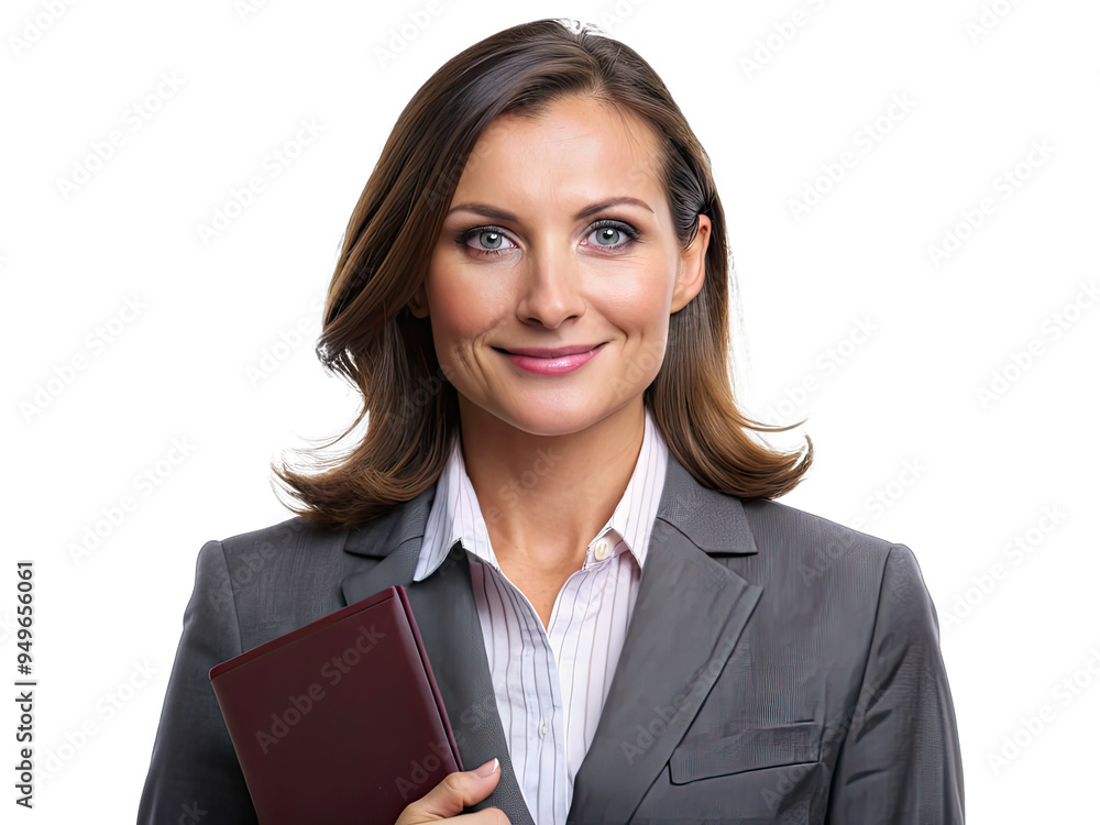 A businesswoman in a gray suit smiles confidently while holding a burgundy binder. She is against a white background A businesswoman in a gray suit smiles confidently while holding a burgundy binder. She is against a white background