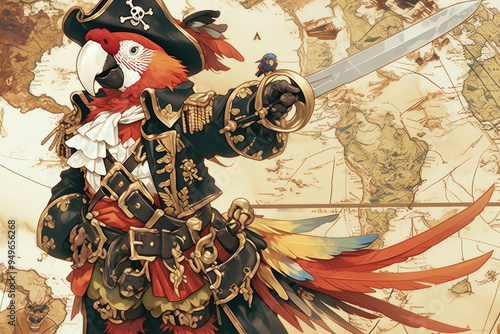 Parrot Pirate Captain Commanding on a Vintage Map Background photo