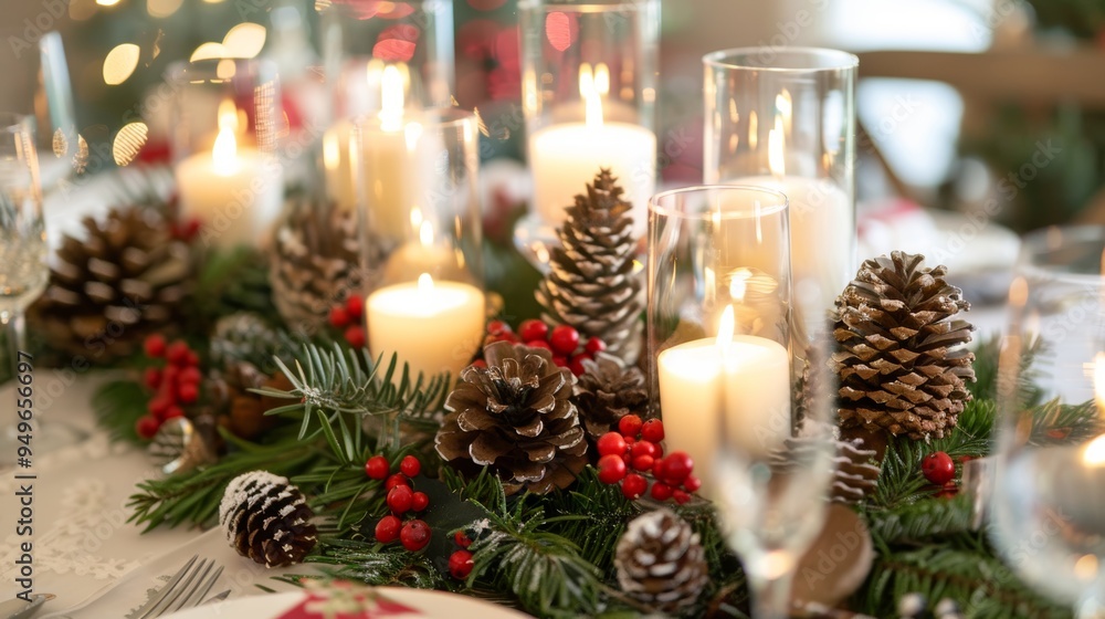 Fototapeta premium Elegant Christmas Centerpiece with Candles, Pine Cones, and Festive Decorations for Holiday Tables