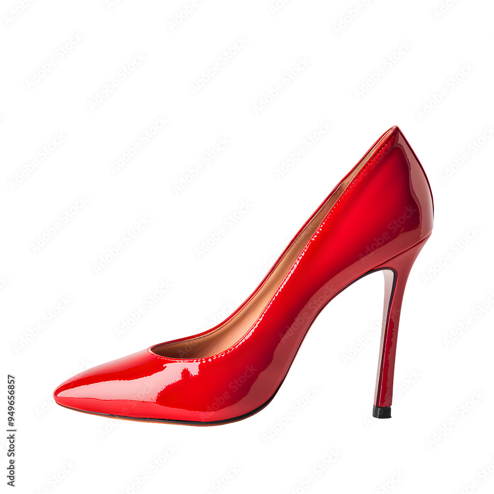 Side view of a single red women's high-heeled pump shoe isolated on transparent background Side view of a single red women's high-heeled pump shoe isolated on transparent background