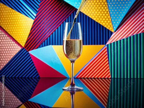 Bold champagne pouring into a geometric-shaped glass, set against a bright, pop-art inspired backdrop, celebrating modernity and playfulness.
