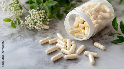 84. A container of magnesium citrate capsules with some capsules laid out photo