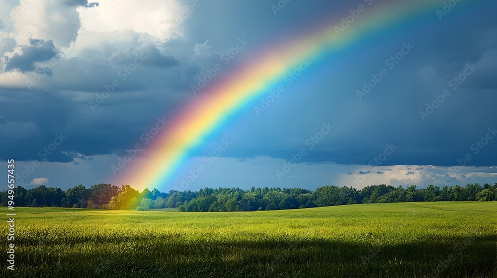 Vibrant Rainbow Arching over Serene Countryside Landscape After Rainstorm Vibrant Rainbow Arching over Serene Countryside Landscape After Rainstorm