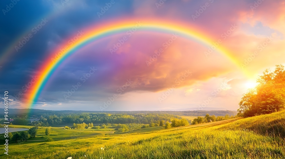 Naklejka premium Vibrant Rainbow Over Picturesque Countryside Landscape After Rainstorm