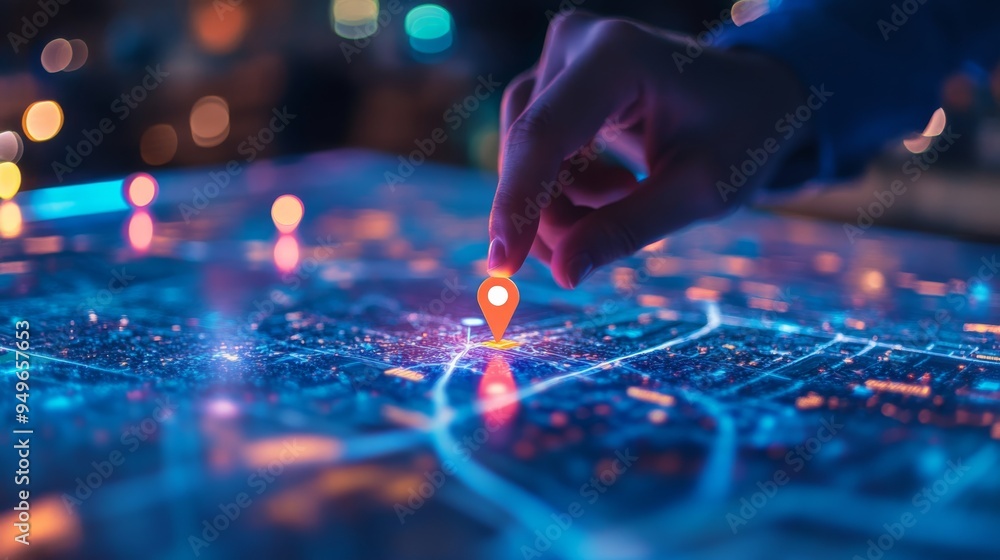 Close-up of hand placing goal markers on digital map, with a bright future in view, representing the setting and achieving of visionary goals. Close-up of hand placing goal markers on digital map, with a bright future in view, representing the setting and achieving of visionary goals.
