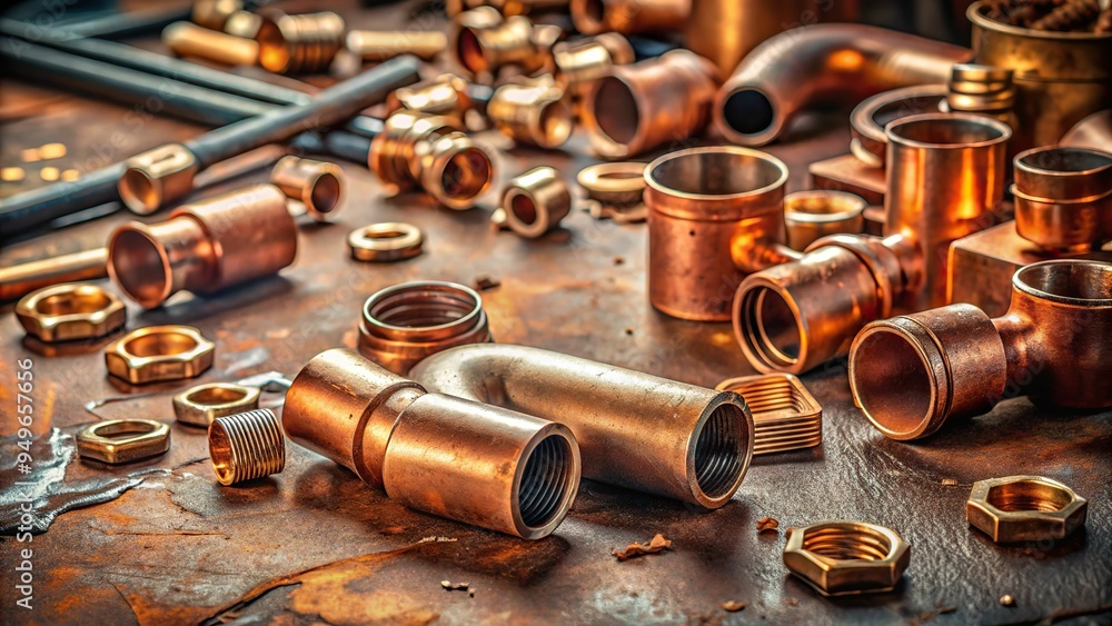 2. Oxidized copper pipe fittings scattered on a rusty metal workshop table, surrounded by scattered tools and metal shavings, a realistic photo image. 2. Oxidized copper pipe fittings scattered on a rusty metal workshop table, surrounded by scattered tools and metal shavings, a realistic photo image.