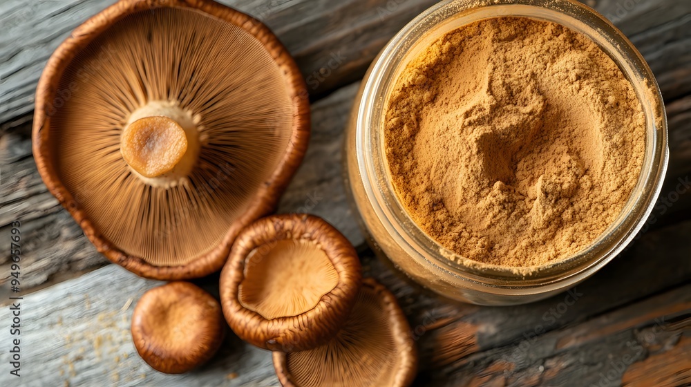 86. A jar of reishi mushroom powder with a couple of scoops of powder beside it 86. A jar of reishi mushroom powder with a couple of scoops of powder beside it