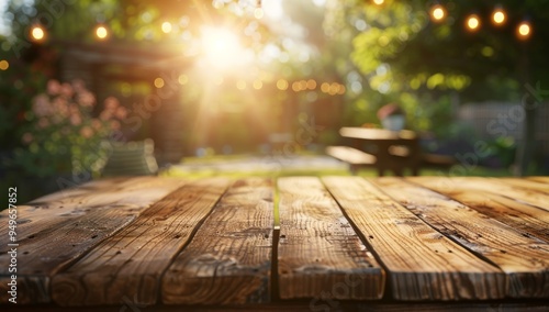 Wooden Tabletop in a Sunny Outdoor Setting