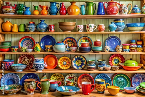 vibrant colorful mix mismatched vintage ceramics eclectic kitchen shelves