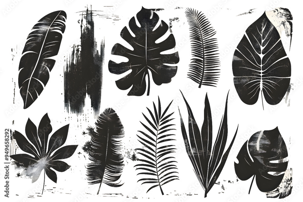 Fototapeta premium Hand drawn set of grunge modern textured brush black leaves isolated on transparent background