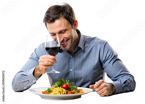 A man sits at a table, happily enjoying a meal of pasta, vegetables, and a glass of red wine