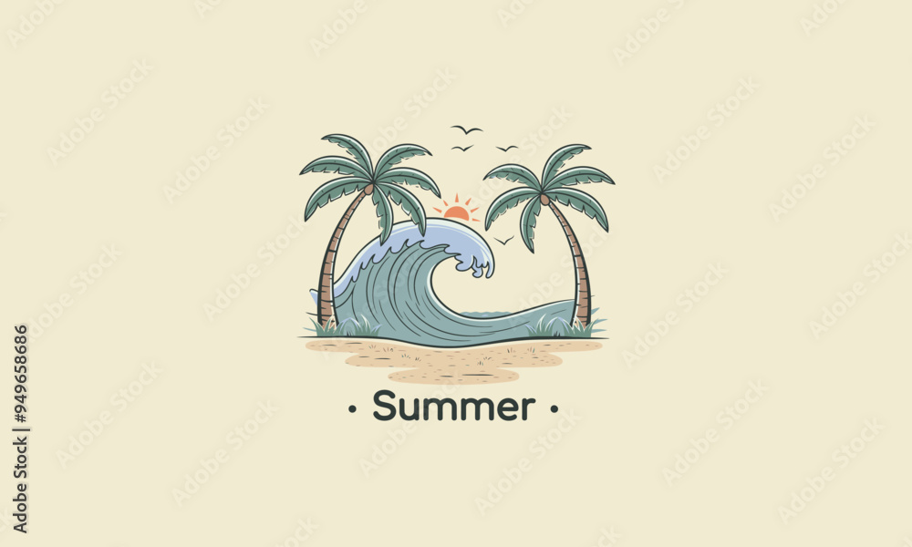 Obraz premium view palm with waves sunset vector illustration flat design
