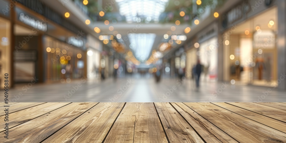 Wooden Tabletop with Blurred Background of a Shopping Mall Wooden Tabletop with Blurred Background of a Shopping Mall