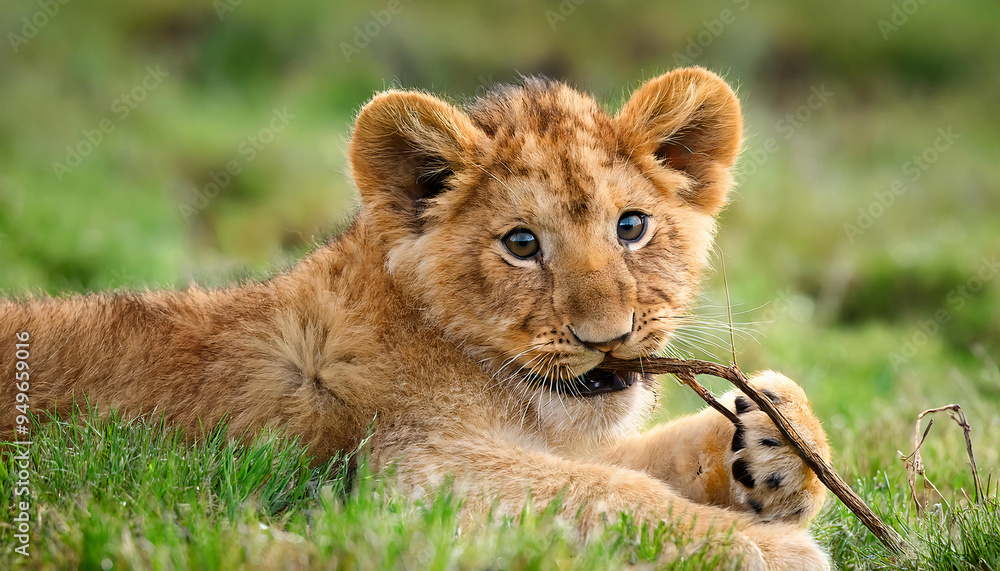 A lion cub playfully biting a twig while lying in the soft grass A lion cub playfully biting a twig while lying in the soft grass