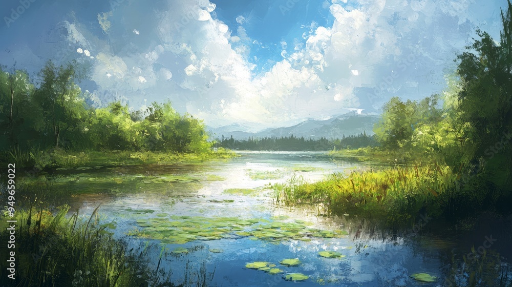 Obraz premium A picturesque painting depicting a tranquil wetlands landscape with a serene lake, lush greenery, and a blue sky dotted with fluffy clouds. The scene evokes feelings of peace, tranquility, and connect
