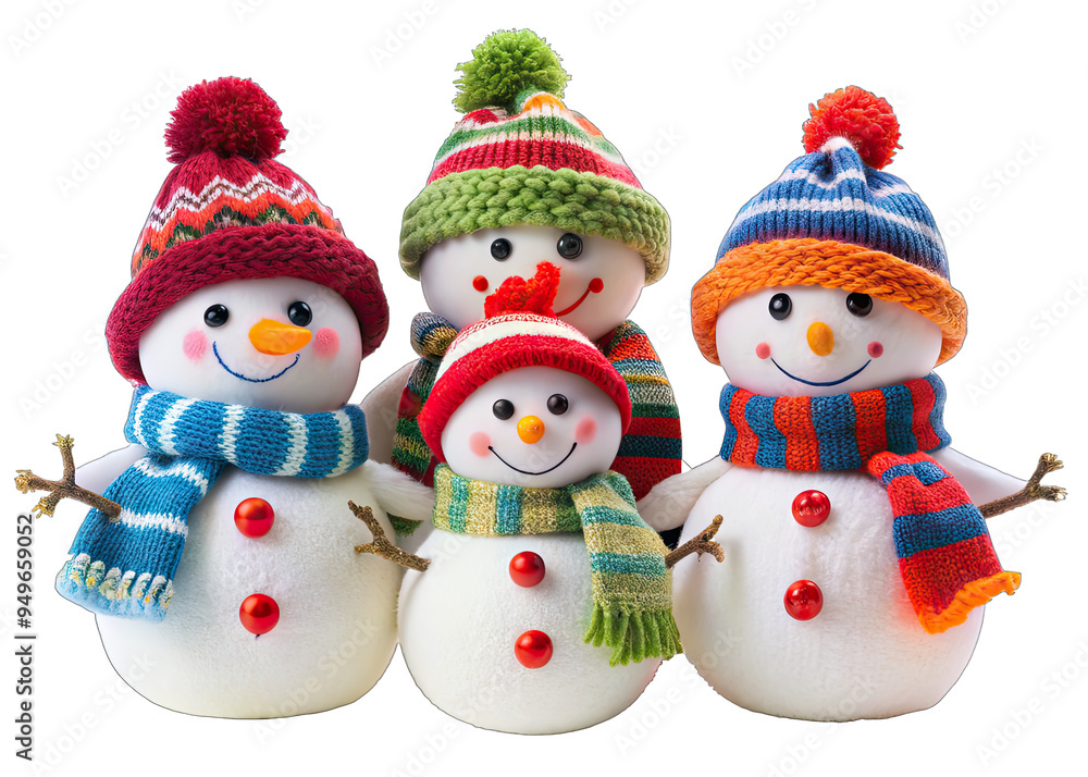 Four white snowmen with red button eyes and noses wear colorful knit hats and scarves. They are all smiling and looking at the camera Four white snowmen with red button eyes and noses wear colorful knit hats and scarves. They are all smiling and looking at the camera