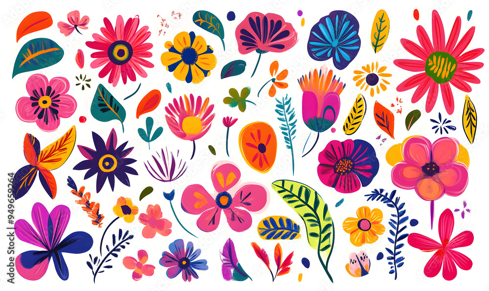 Obraz premium floral and leaf on white background in doodle-style tile designs with graphic format.