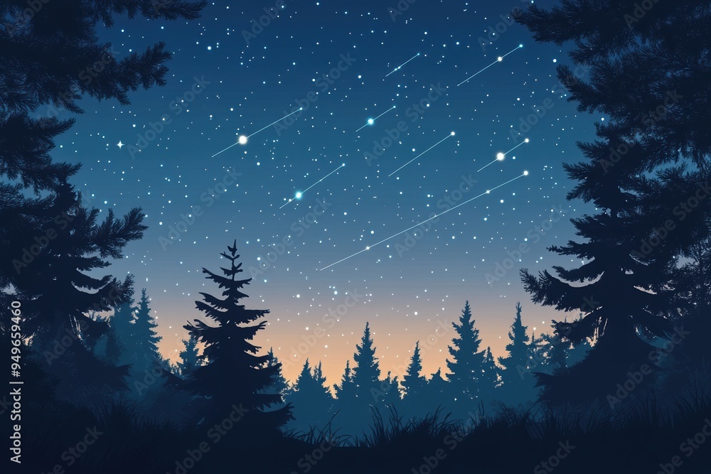 Fototapeta premium A meteor shower over a forest with a minimalistic design, featuring silhouetted trees and glowing meteors streaking across the night sky