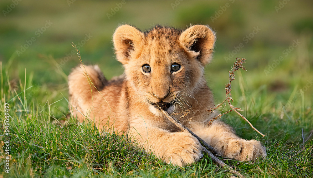 A lion cub playfully biting a twig while lying in the soft grass A lion cub playfully biting a twig while lying in the soft grass
