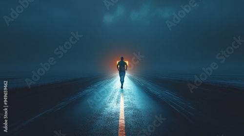 A runner on an endless road, with a glowing finish line far ahead, representing the connection between mindset and motivation for work or living life. photo