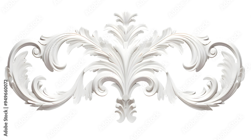3D illustration of white decorative relief beautiful detailed ornament with acanthus leaves decoration in baroque style isolated on transparent background 3D illustration of white decorative relief beautiful detailed ornament with acanthus leaves decoration in baroque style isolated on transparent background