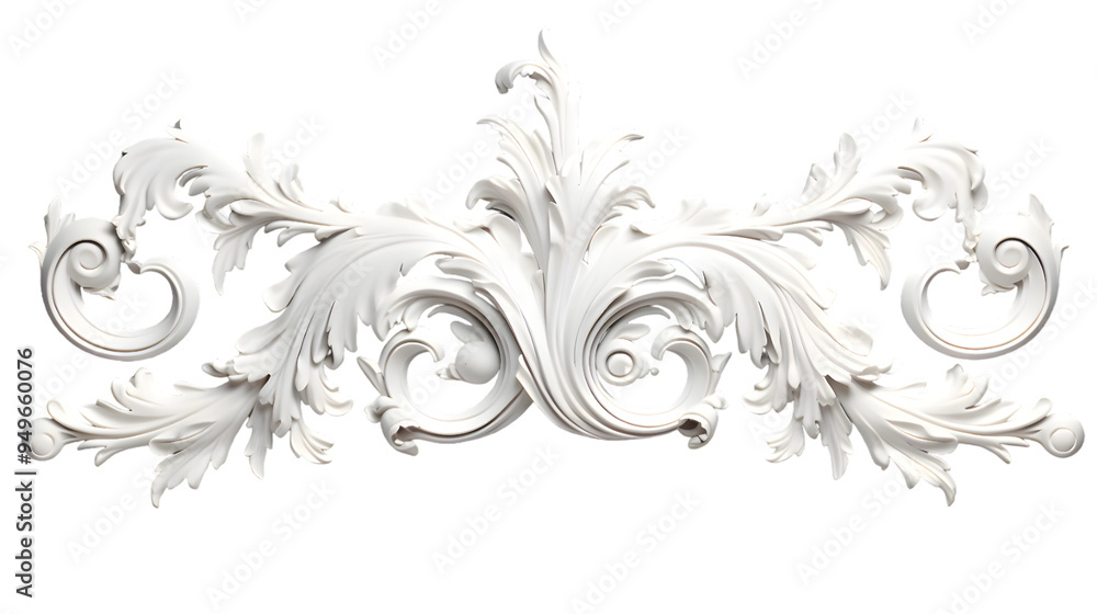 3D illustration of white decorative relief beautiful detailed ornament with acanthus leaves decoration in baroque style isolated on transparent background 3D illustration of white decorative relief beautiful detailed ornament with acanthus leaves decoration in baroque style isolated on transparent background