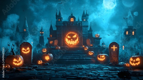 A haunted 3D podium with Halloween elements such as tombstones, jack-o'-lanterns, and room to present merchandise.  photo