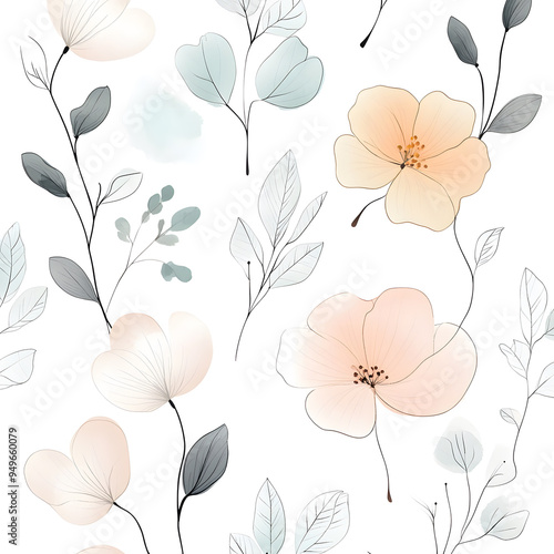 floral and leaf on white background in doodle-style tile designs with graphic format.