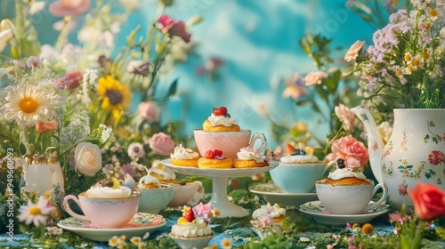 Garden tea party oversized teacups whimsical pastries colorful flowers Alice-in-Wonderland inspired quirky pastel colors photo