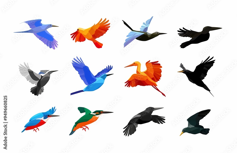 A vibrant collection of 12 colorful birds in flight, showcasing their unique shapes. A vibrant collection of 12 colorful birds in flight, showcasing their unique shapes.